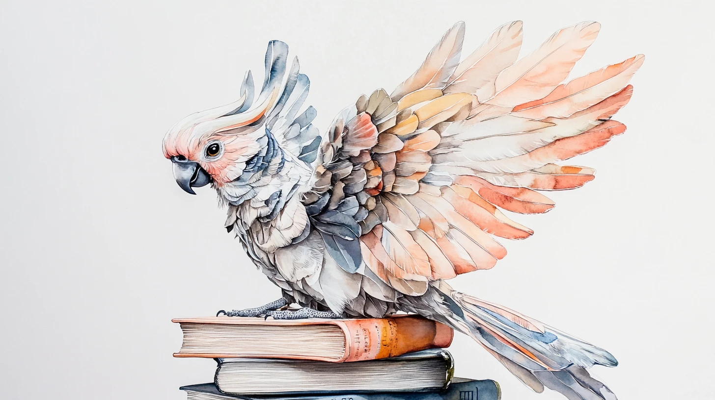 Papagaio em aquarela sonhadora empoleirado em uma pilha de livros