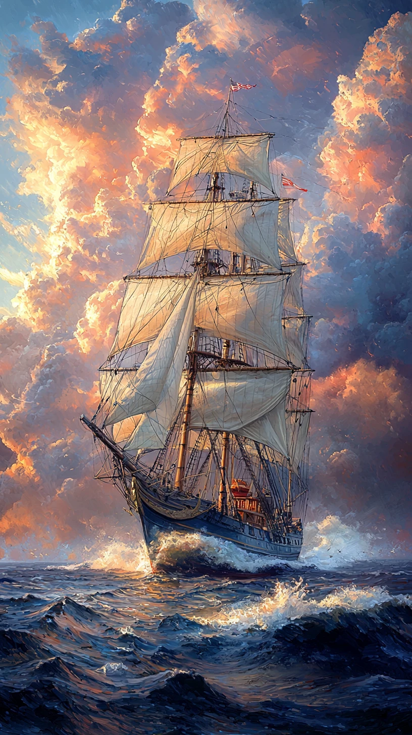 Grande veleiro cruzando mar turbulento sob céu luminoso