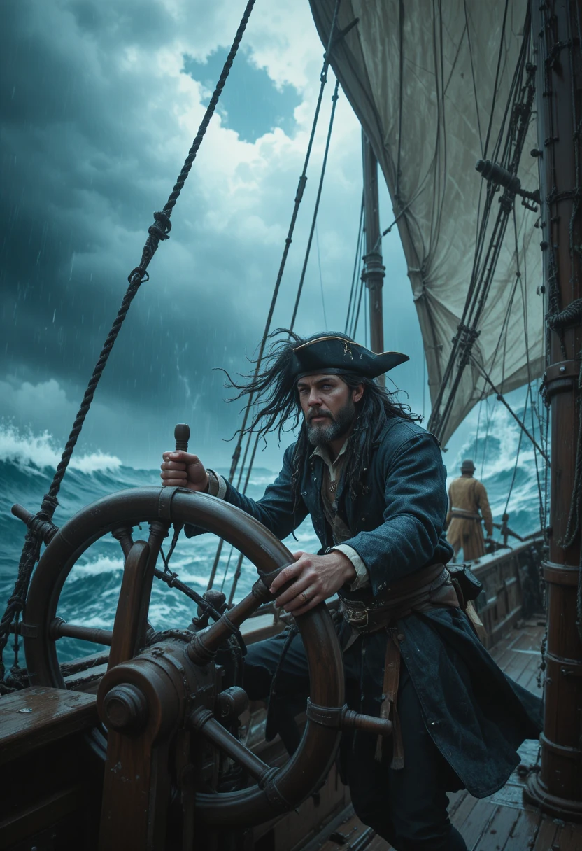 Capitano pirata al timone di un veliero sballottato dalla tempesta in mare aperto