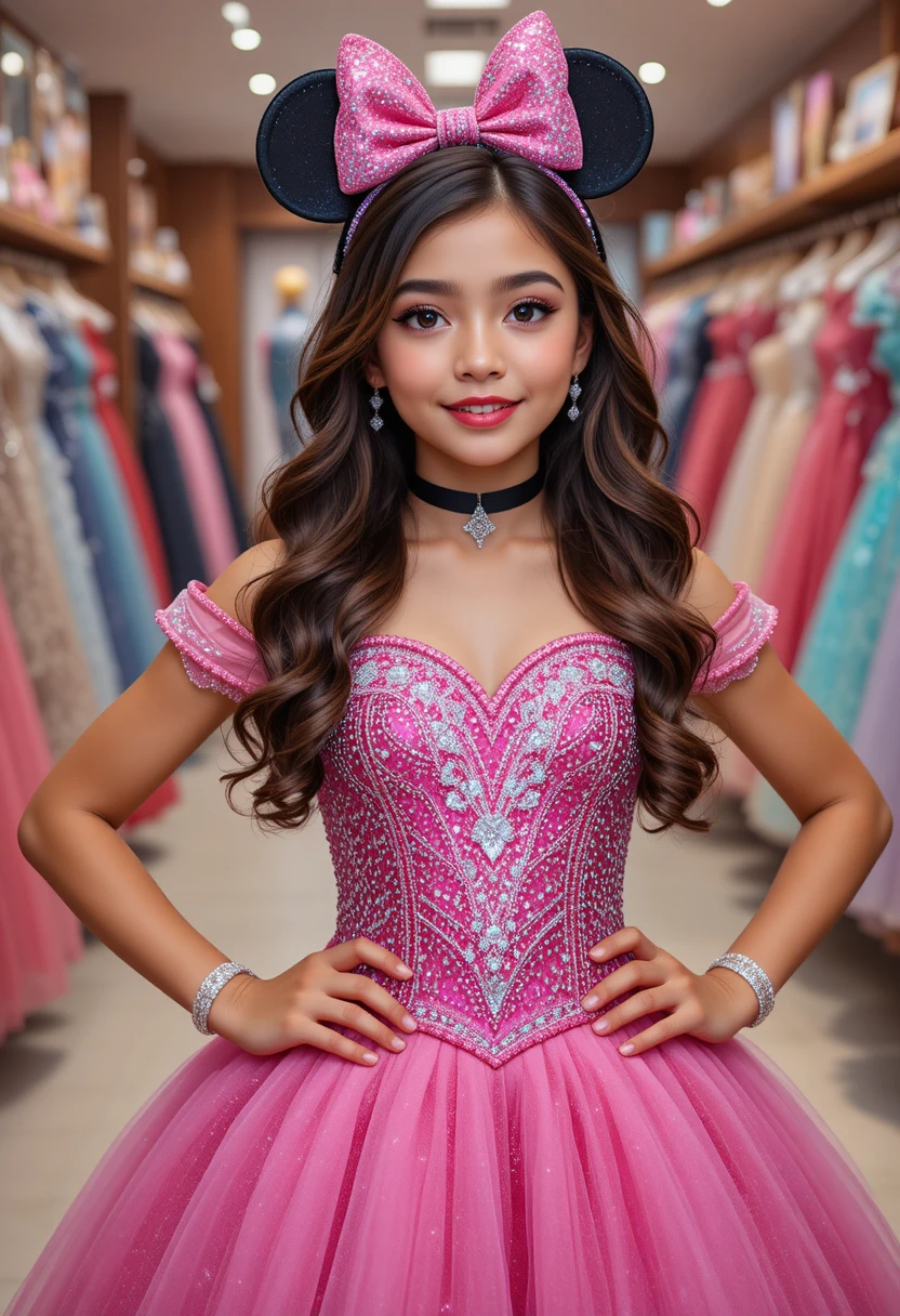 Garota confiante com vestido rosa da Minnie em boutique