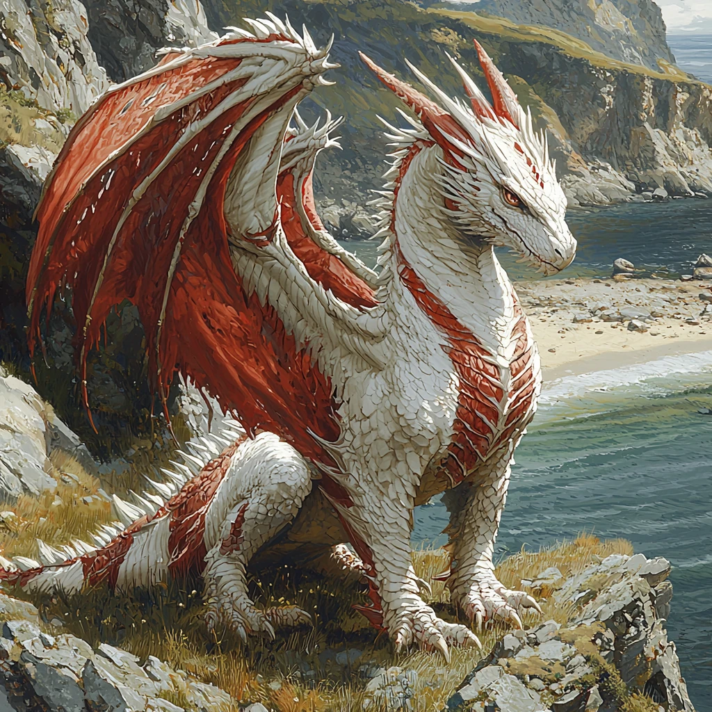 Dragão vermelho e branco em uma montanha gramada sobre o mar