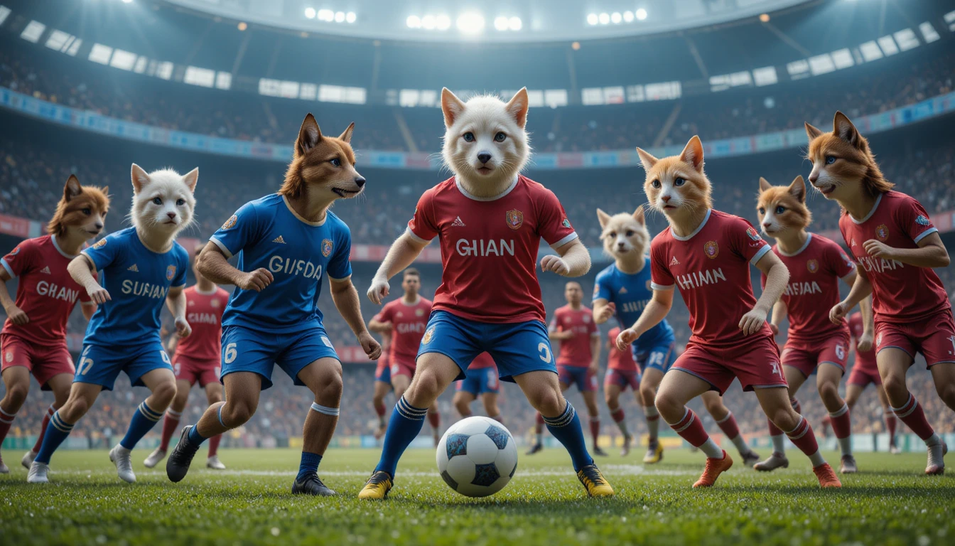 Cães e gatos antropomórficos jogando futebol em um campo