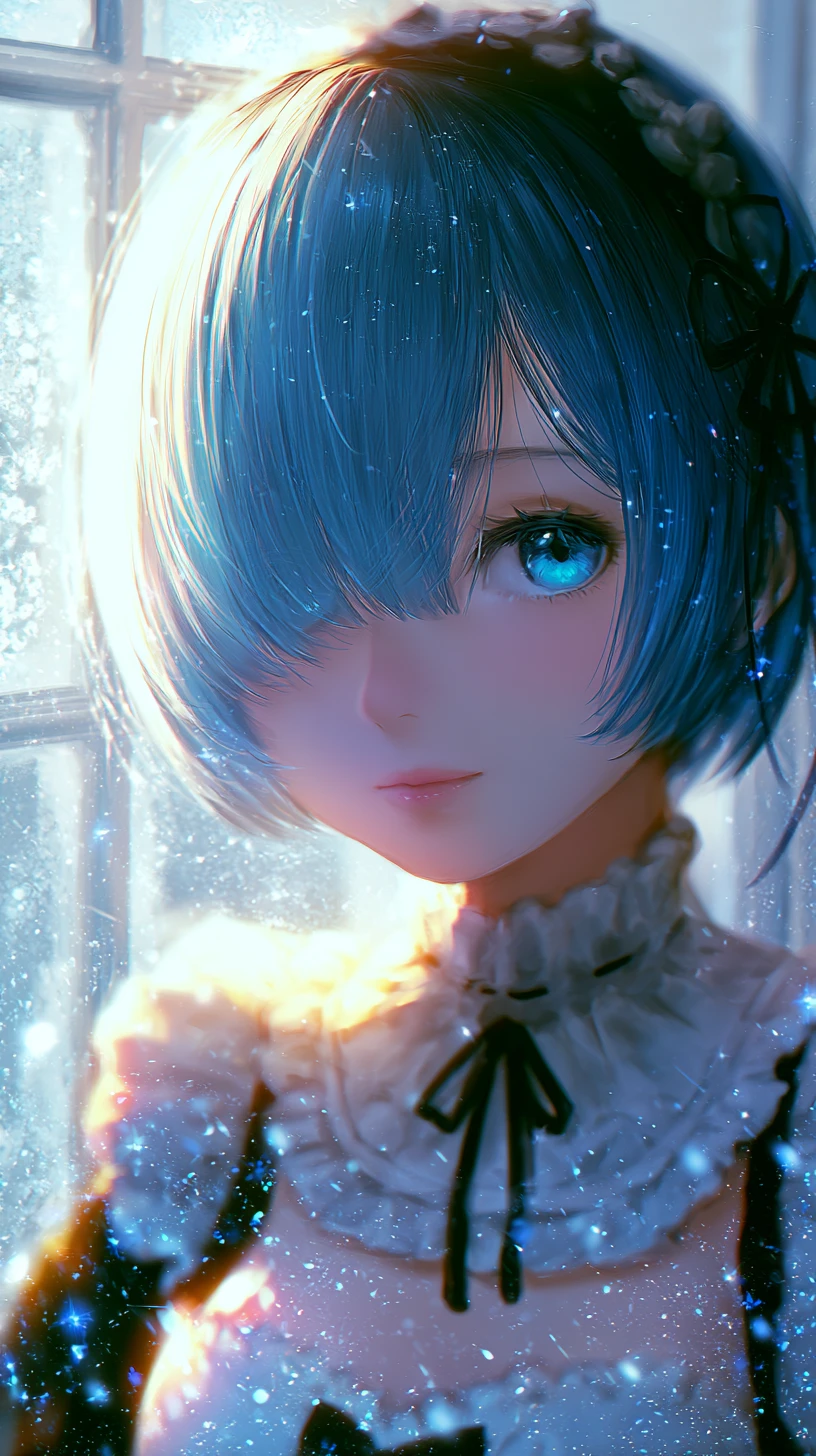 Anime-Maid-Mädchen aus der Nähe an einem vereisten Fenster