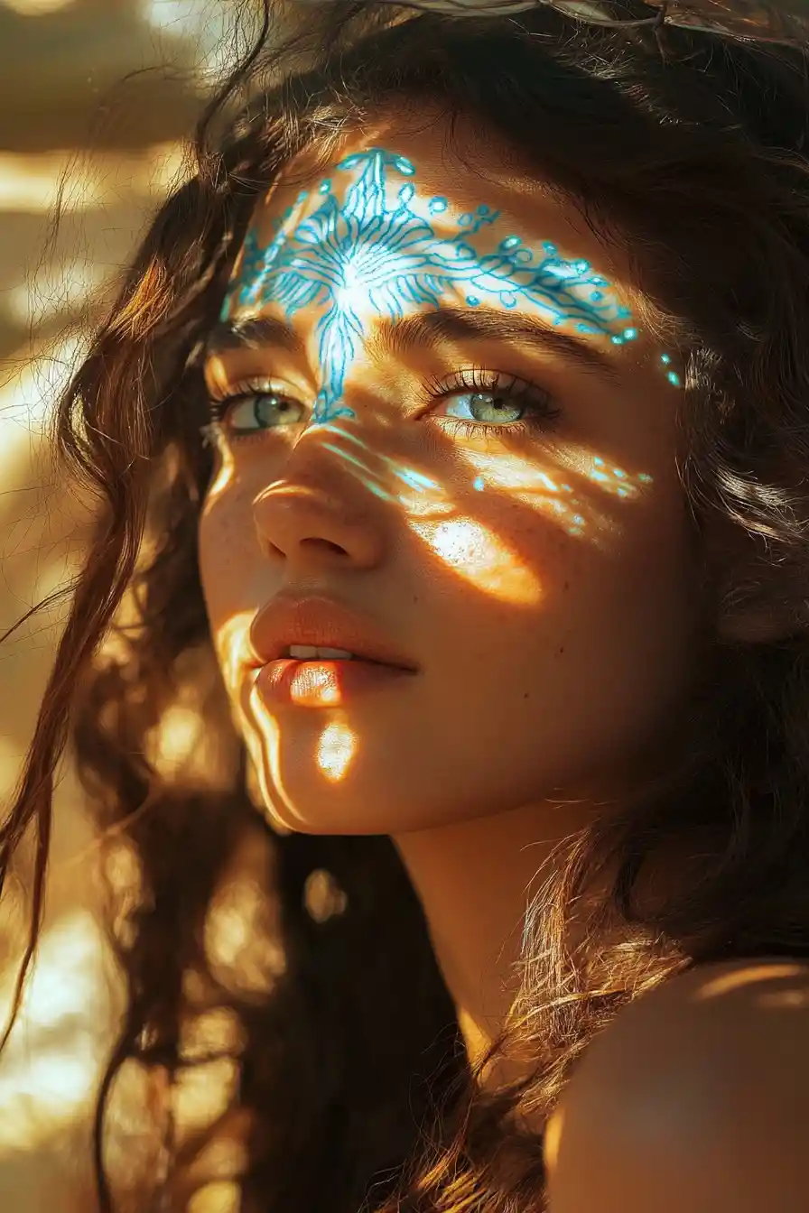 Ethereal woman with blue markings in warm ancient light