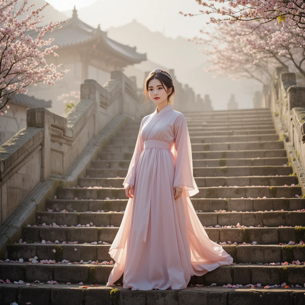 Femme coréenne en hanbok pastel sur d’anciens escaliers de pierre