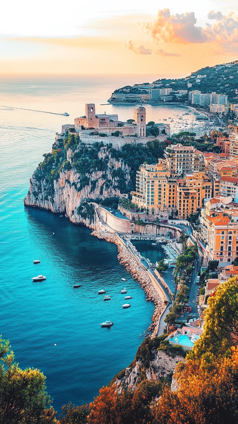 Vue aquarelle du port de Monaco au crépuscule depuis la colline