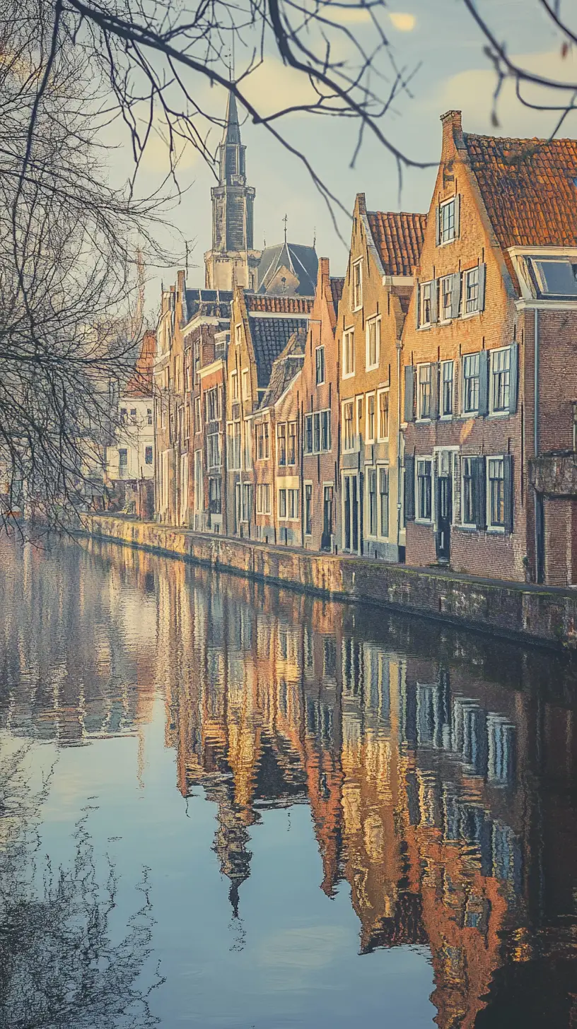 Historic Dutch riverside town in mixed media illustration