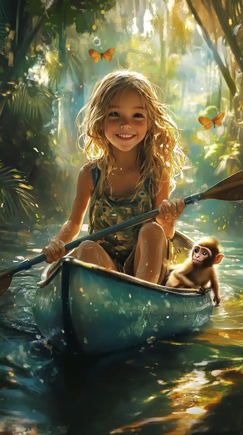 Smiling girl paddling a canoe on a jungle river