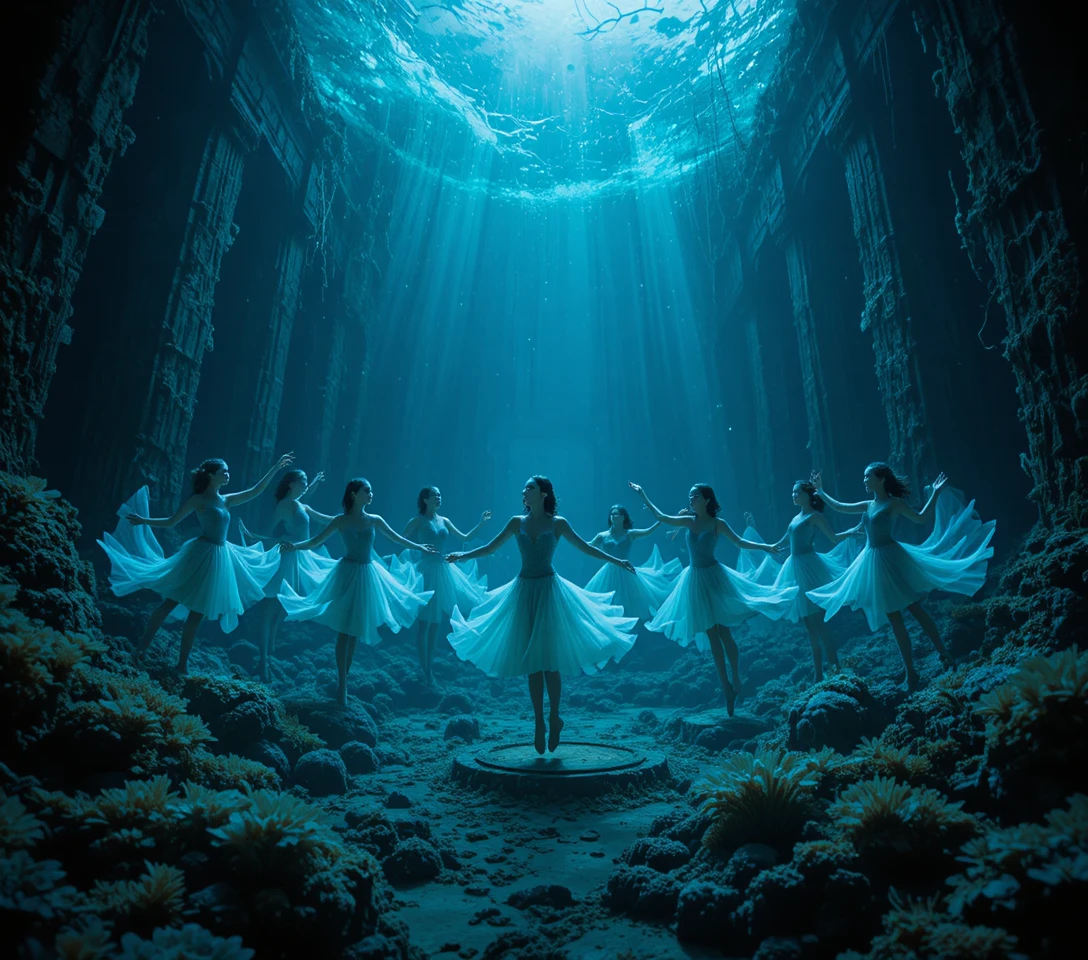 Balletto subacqueo di sirene tra antiche rovine sommerse