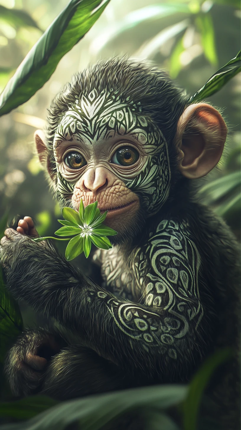 Macaco bebê feliz entre folhagens verdes cristalinas da selva