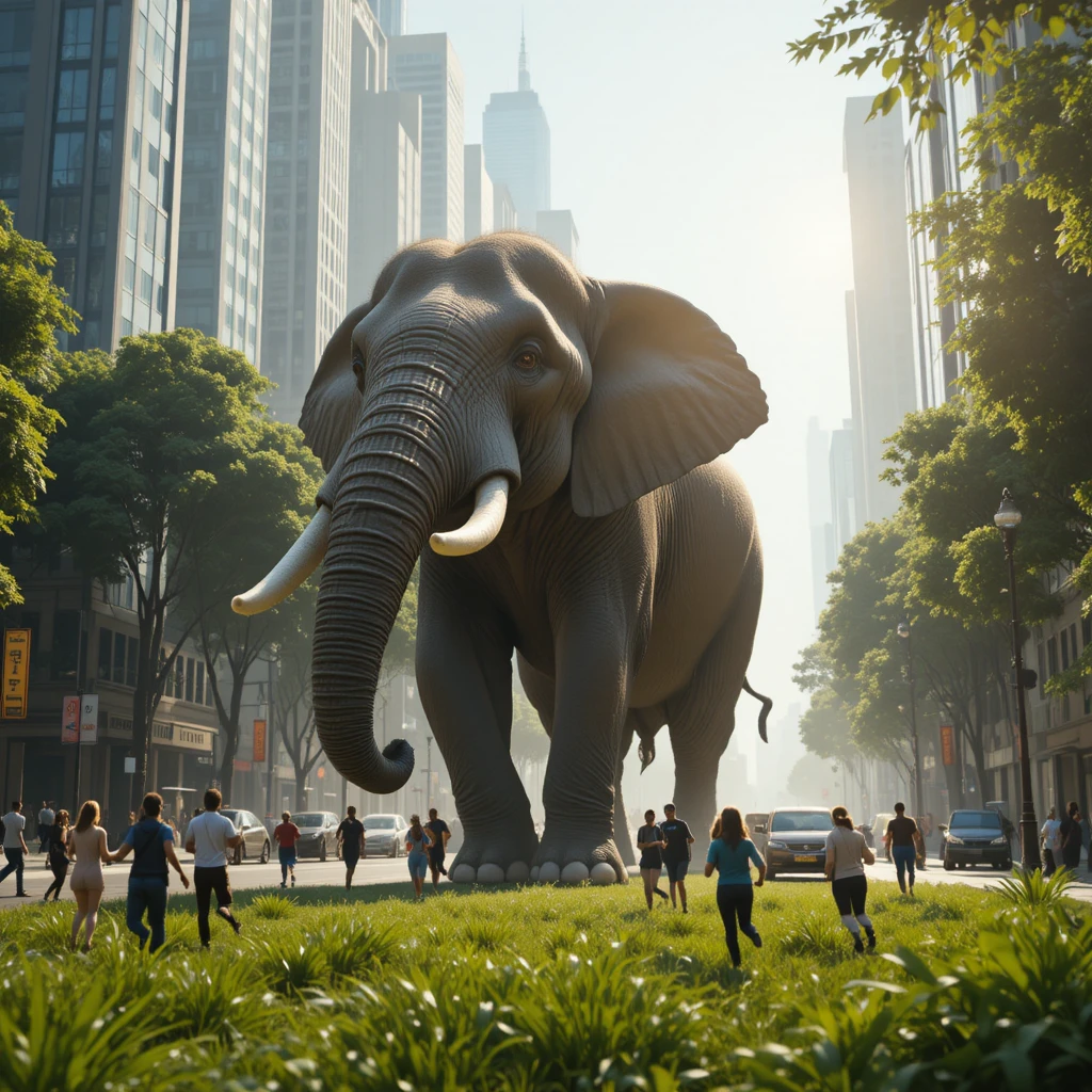 Elefante gigante sai da selva e pisa em rua movimentada da cidade
