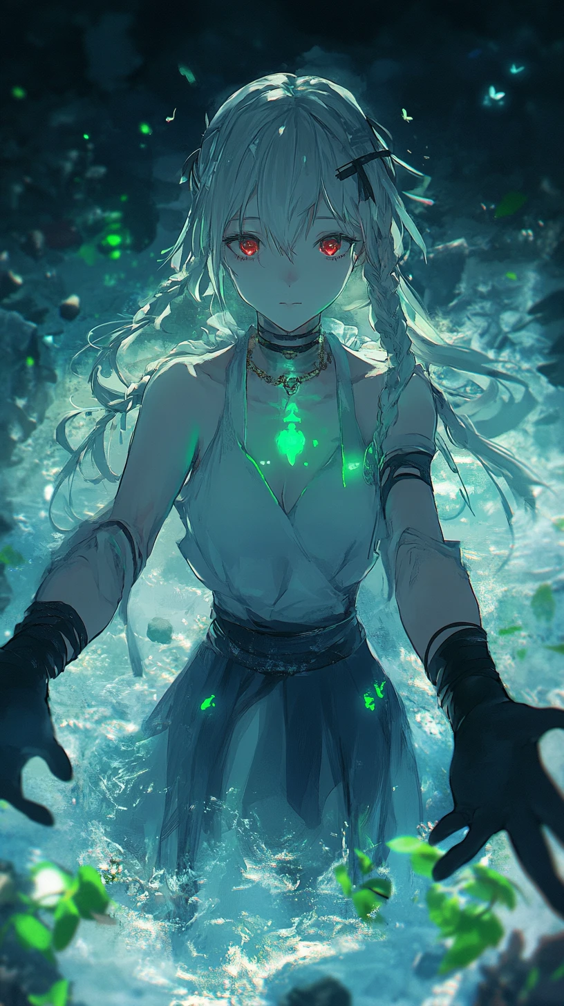 Anime-Mädchen beschwört grünen Kristall auf Altar eines verfallenen Tempels