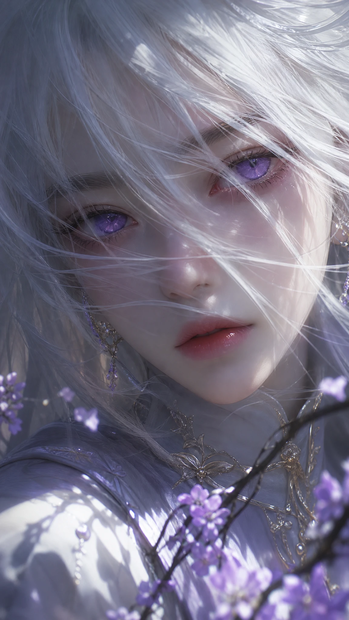Chica asiática de cabello blanco en primer plano con ojos violetas