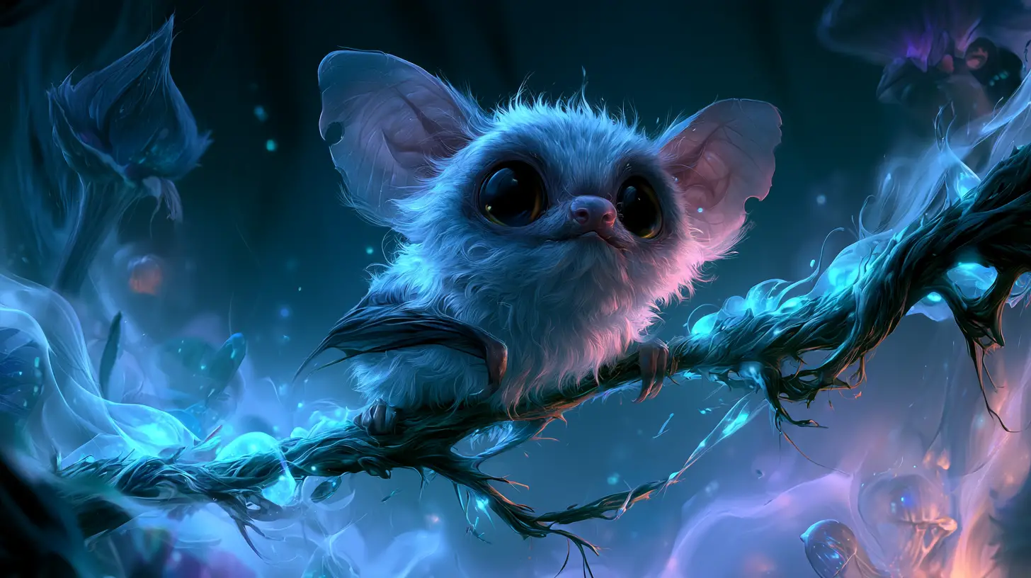 暗い魔法の森で光る枝にとまるかわいいコウモリ