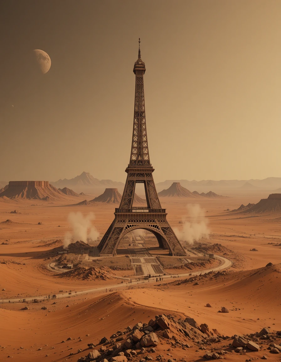 Torre Eiffel erguida na fria e empoeirada superfície de Marte