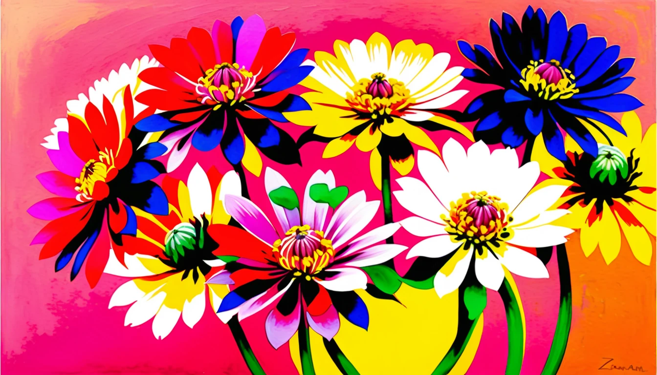 Magenta Zinnien vor weichem Rosen- und Aprikosenhintergrund