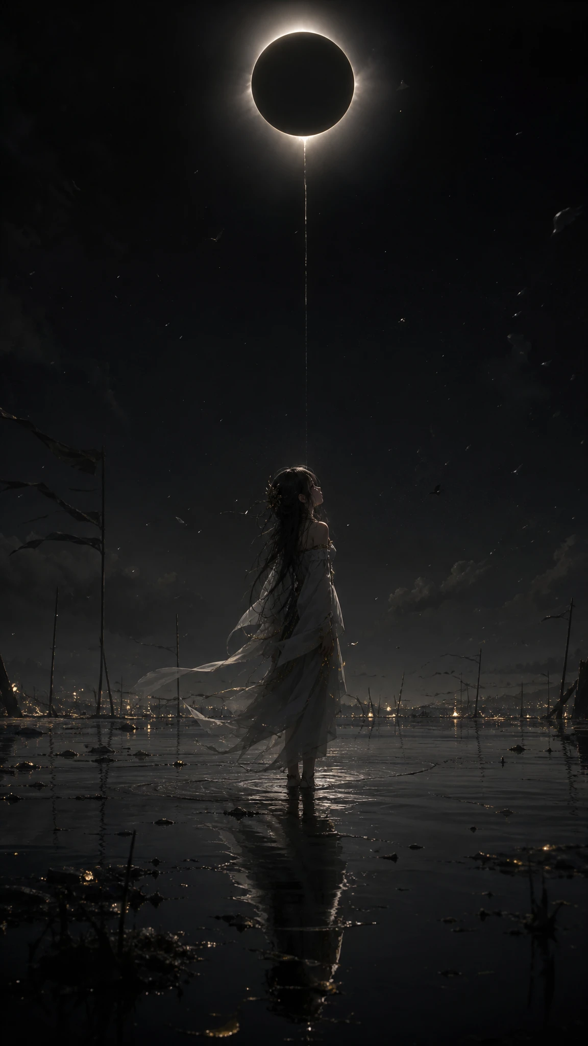 Jeune femme debout dans l’obscurité pendant une éclipse totale