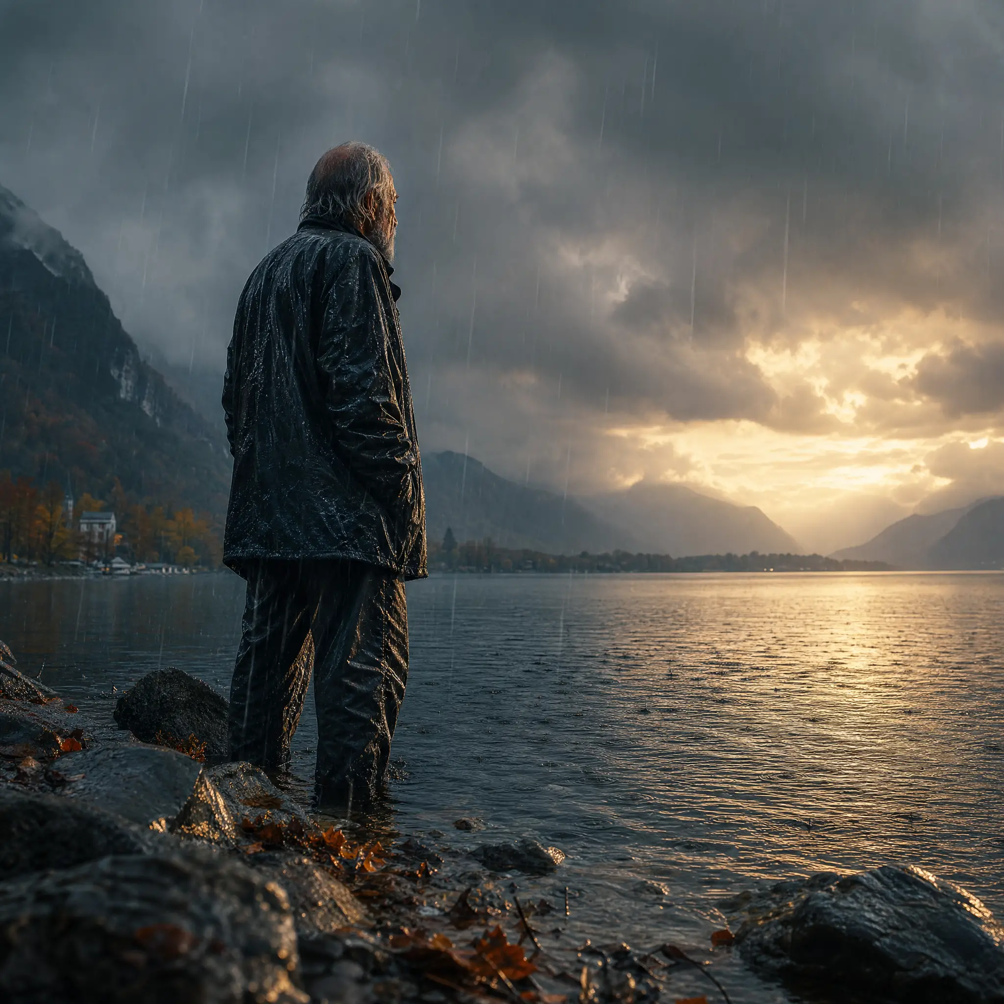 Vieil homme debout sous la pluie face à l’horizon lointain du lac