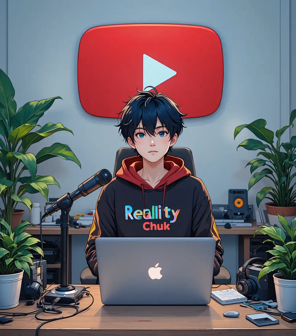 Anime-Junge an einem chaotischen Computer-Schreibtisch mit YouTube-Hintergrund