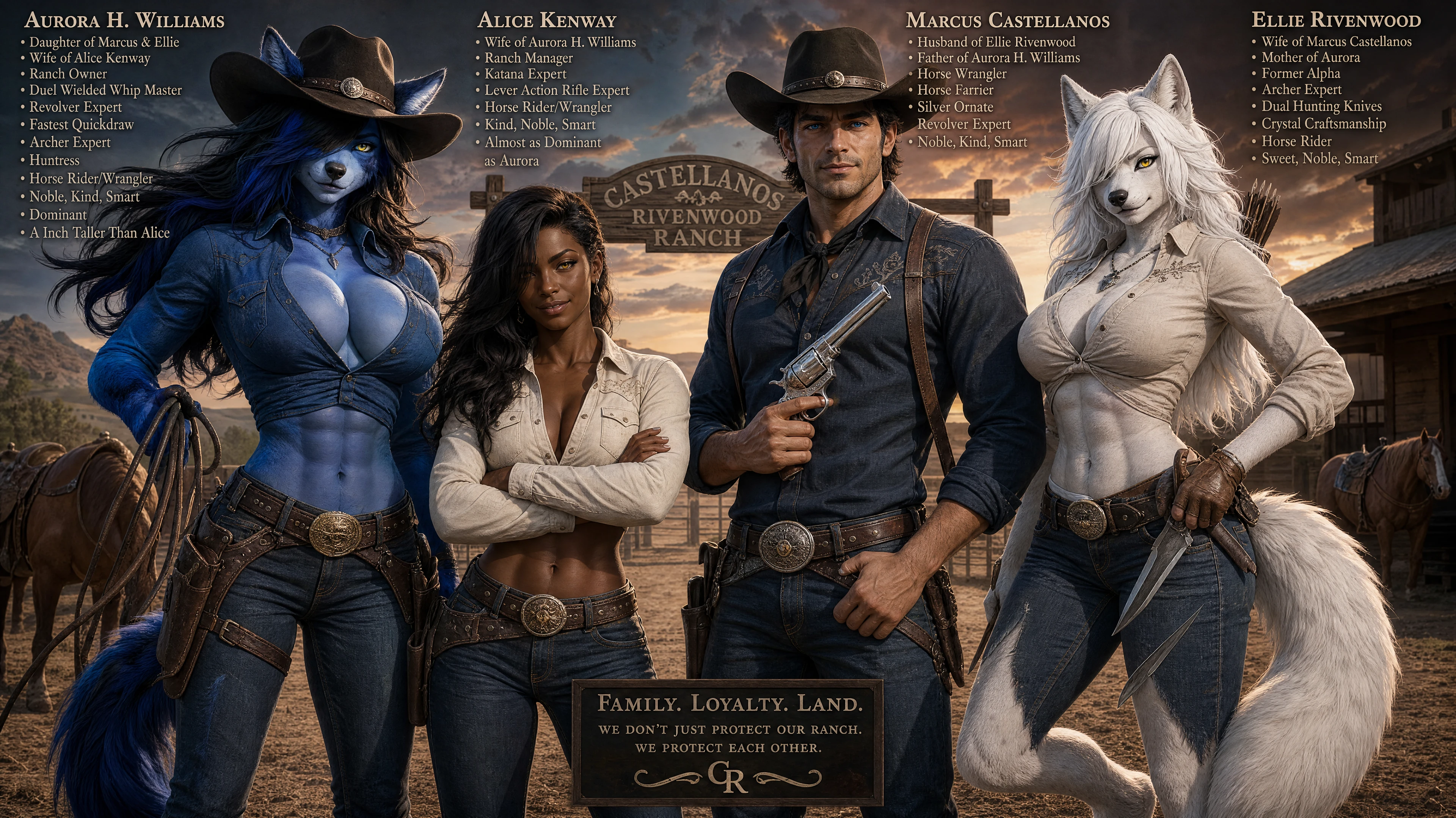 Cowgirl lupo dal pelo blu con frusta e revolver pronta al duello