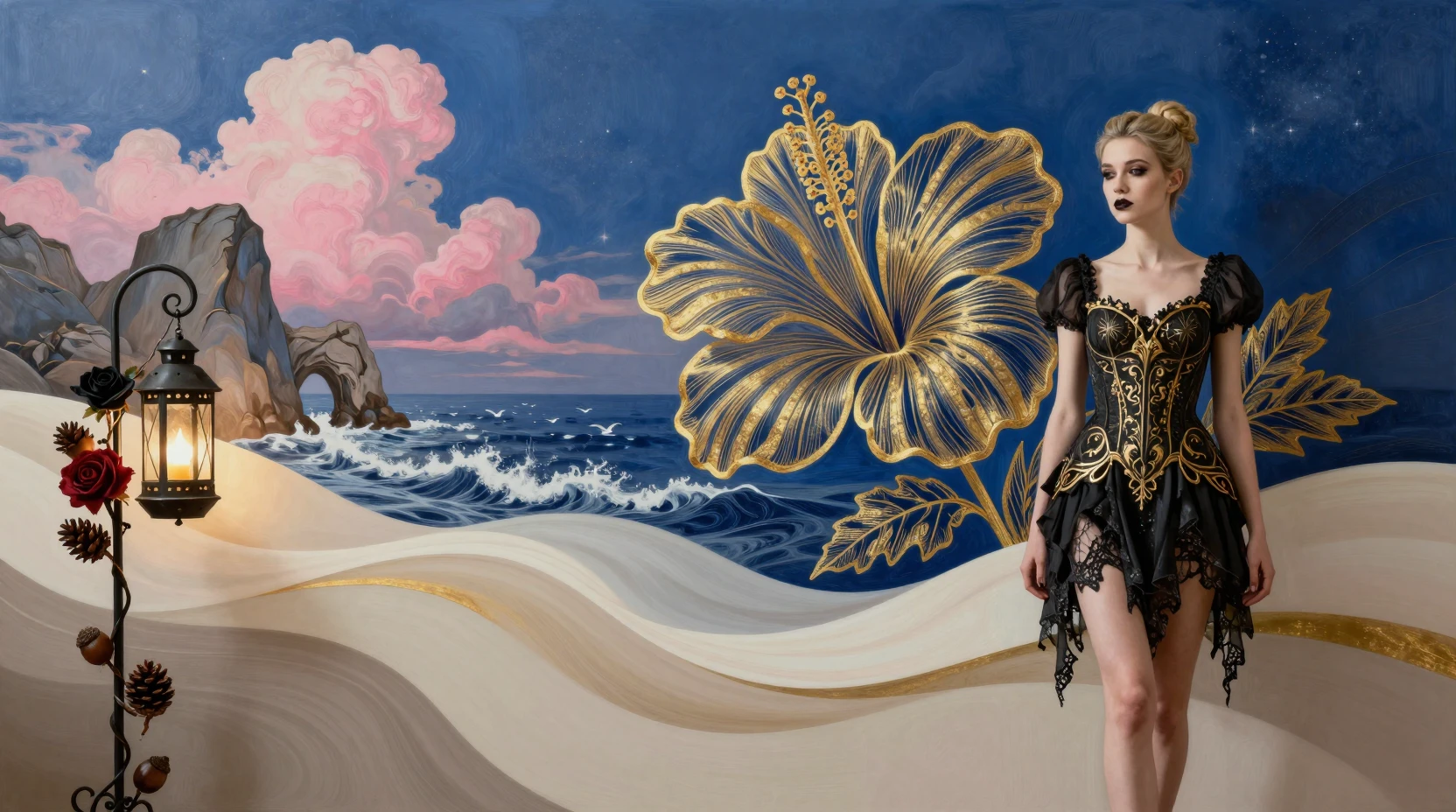 Ondas abstratas minimalistas em bege suave e dourado apagado