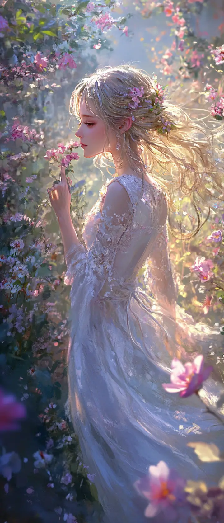 Royal maiden walking through a glowing fantasy flower alley