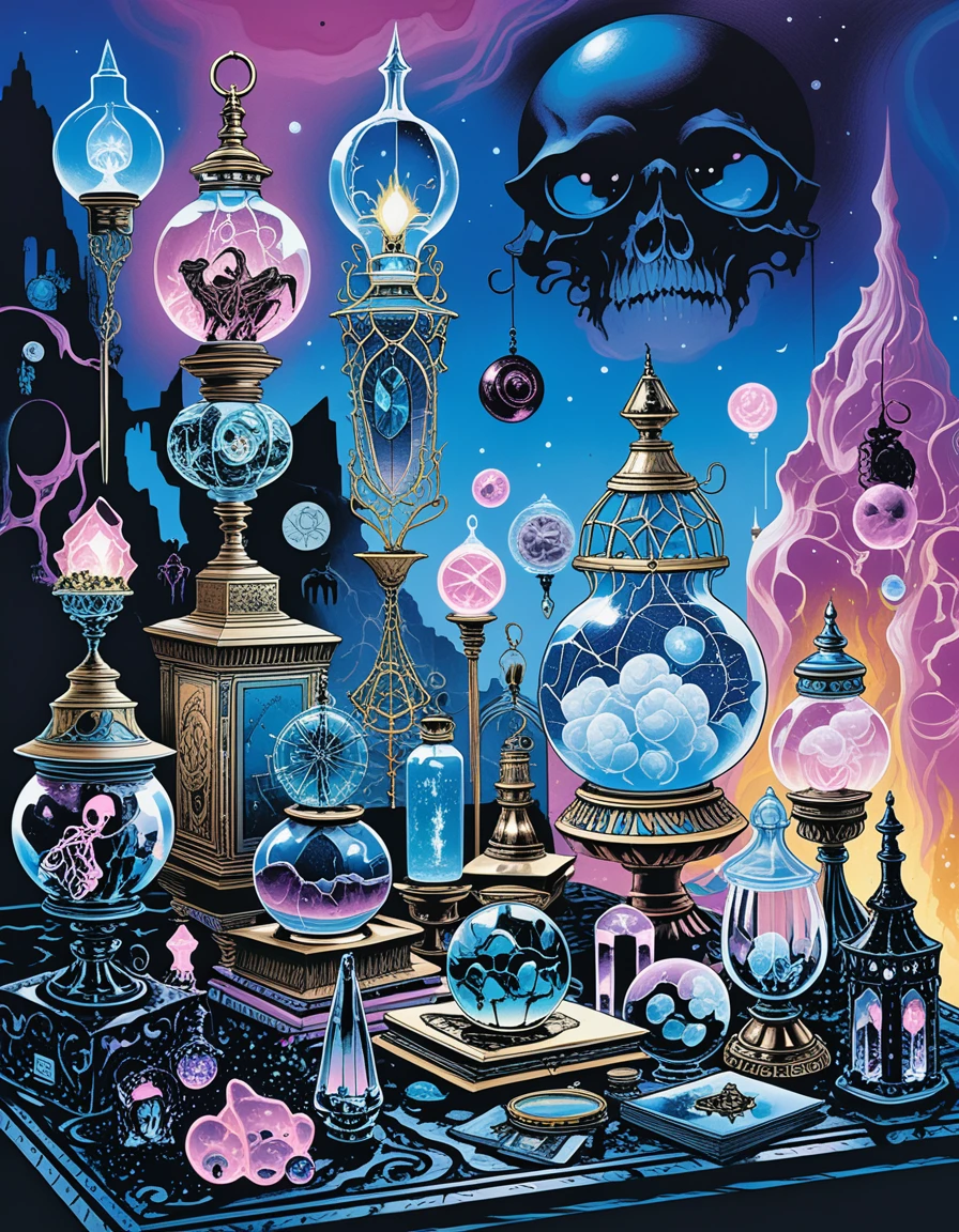 Table de boutique de cristaux cartoon avec curiosités magiques
