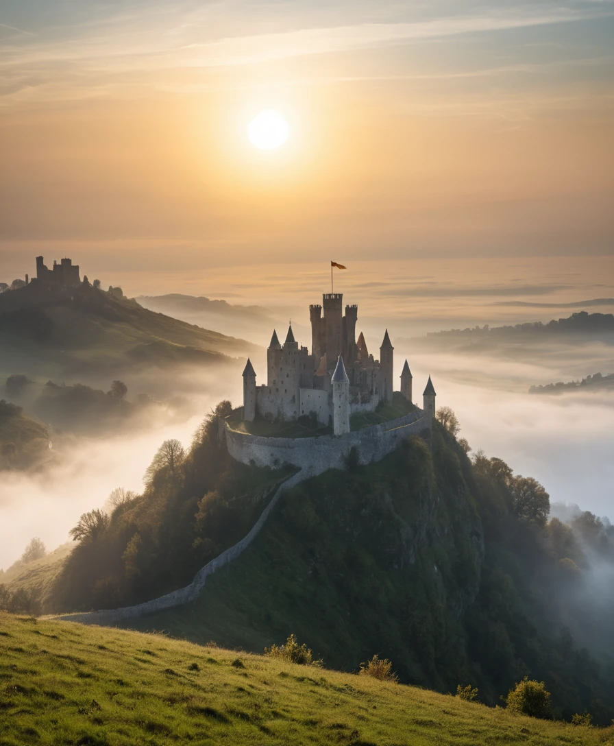 Castelo medieval surgindo da névoa em uma colina banhada pelo sol