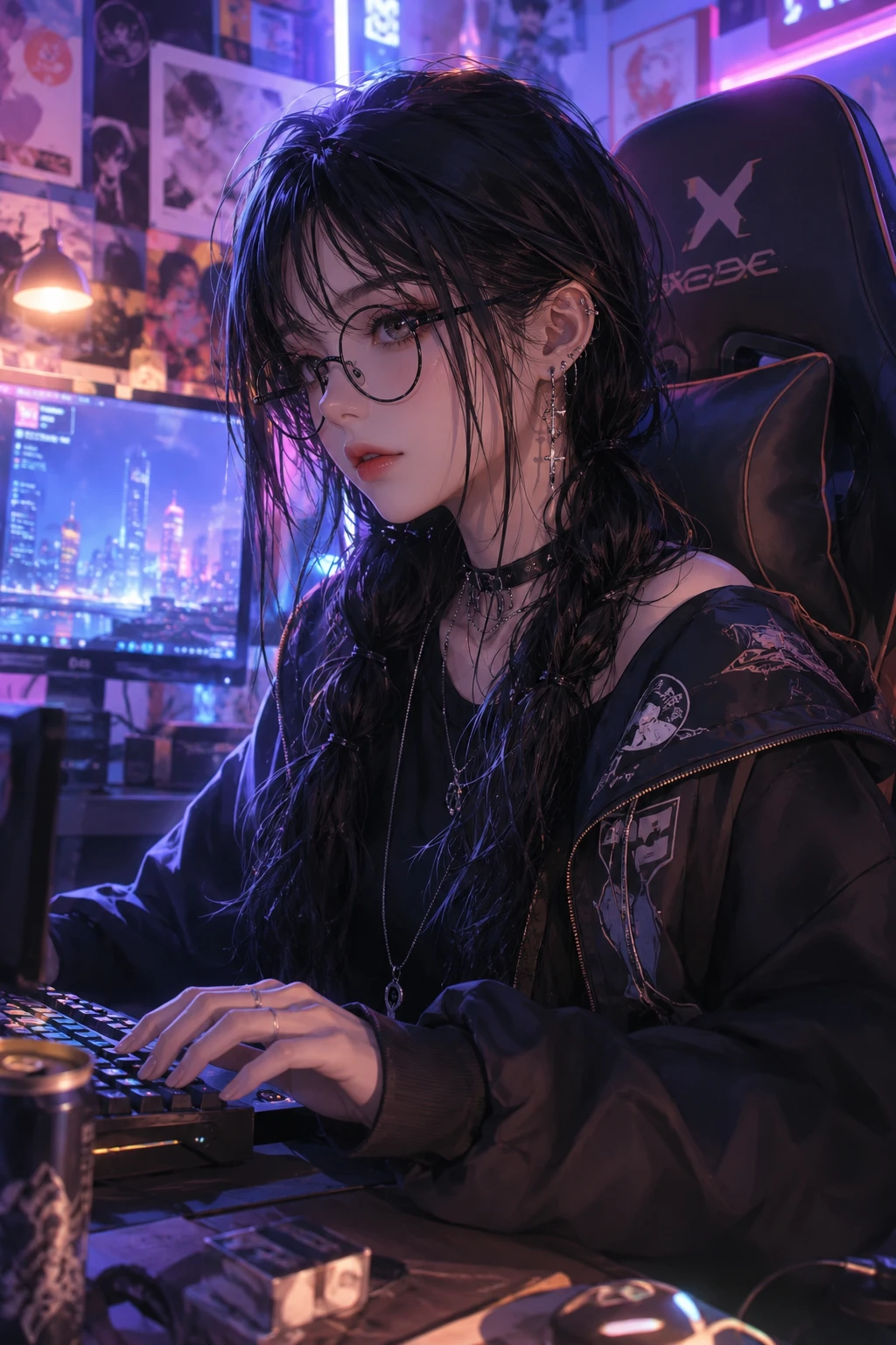 Gamer girl con gafas punk en un retrato digital suave