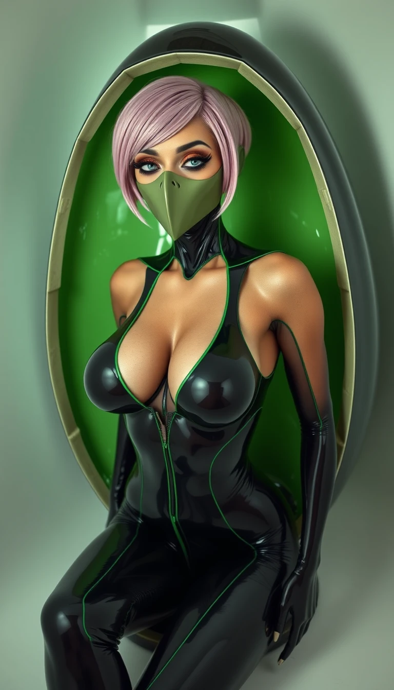 Alien woman emerging from latex egg in white room