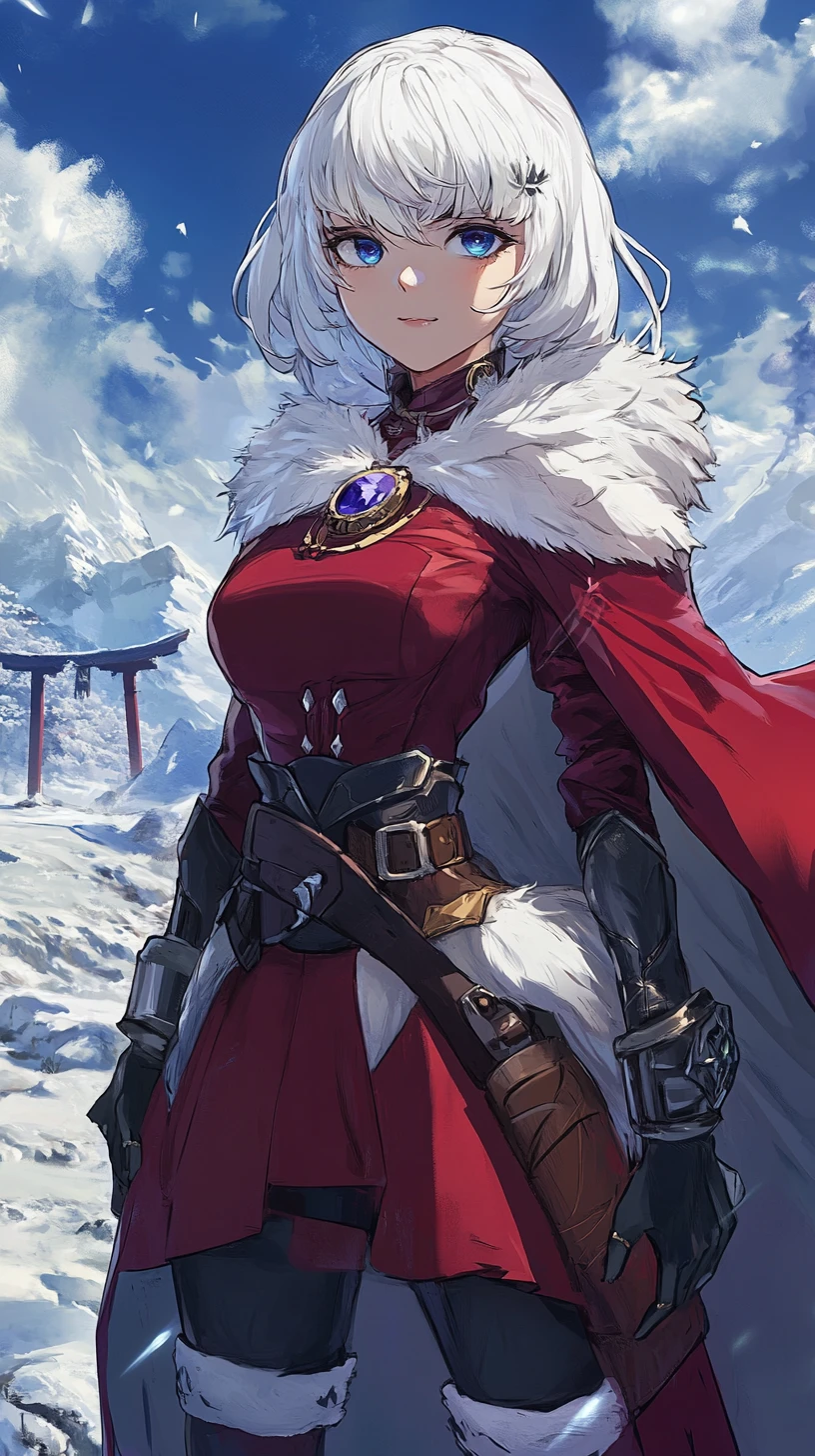Guerrera anime con capa de piel en aldea nevada