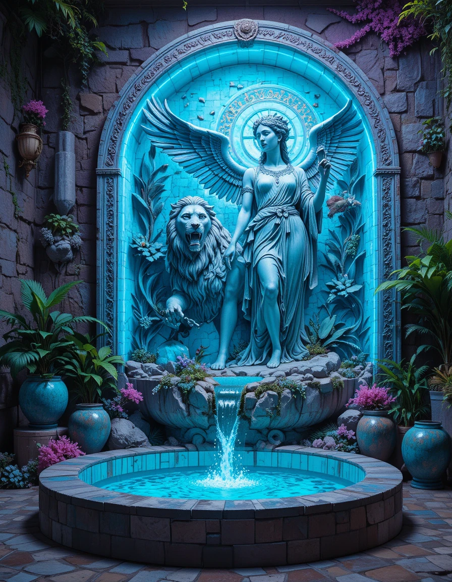 Leão alado e estátua de mulher em mural de fantasia neon