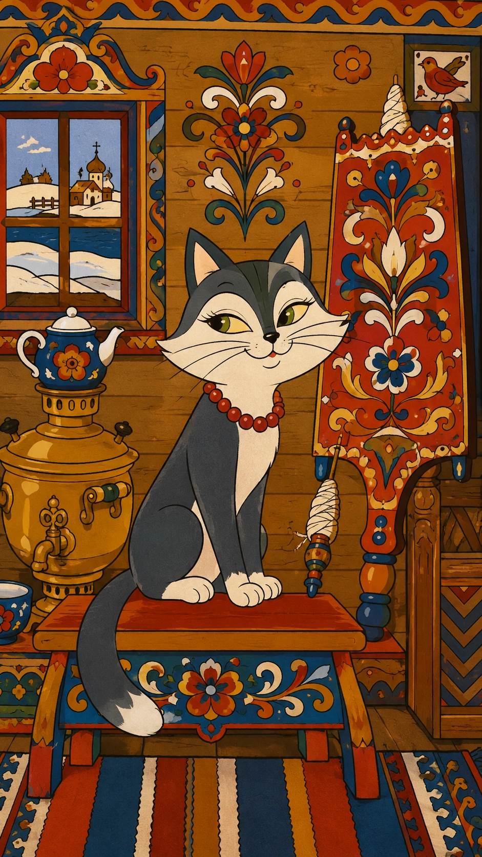 Chat cartoon sur banc peint dans un intérieur rustique en bois