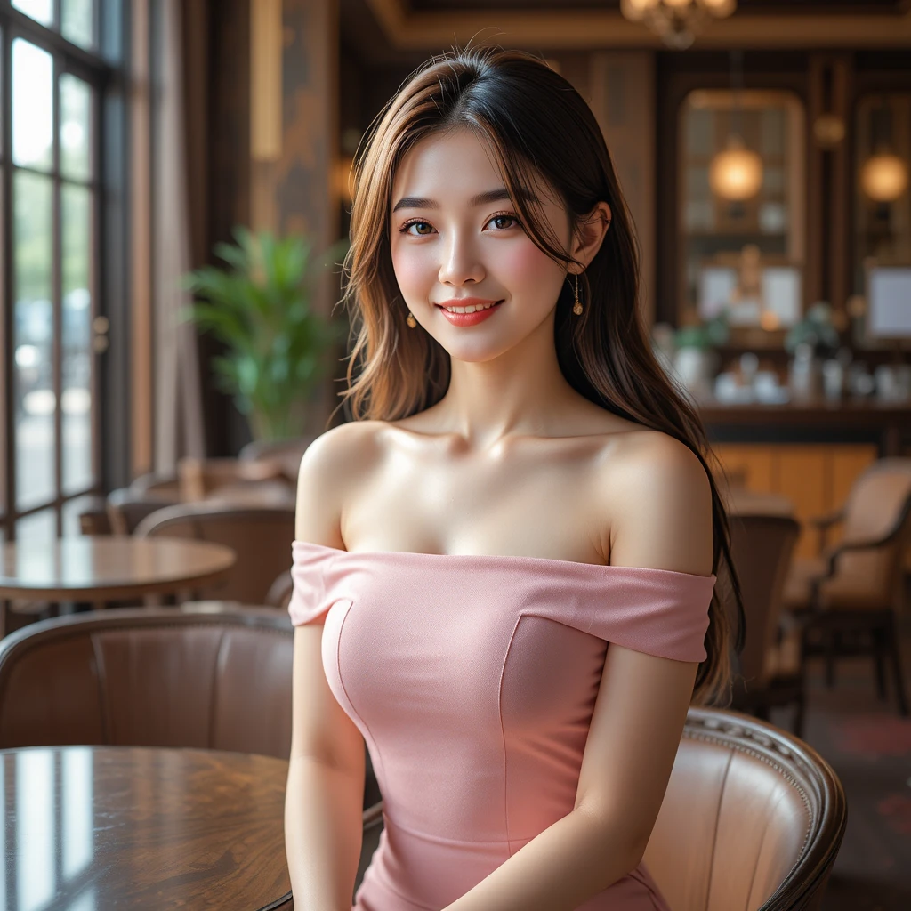 럭셔리 카페에 앉아 있는 핑크 드레스를 입은 귀여운 한국인 소녀