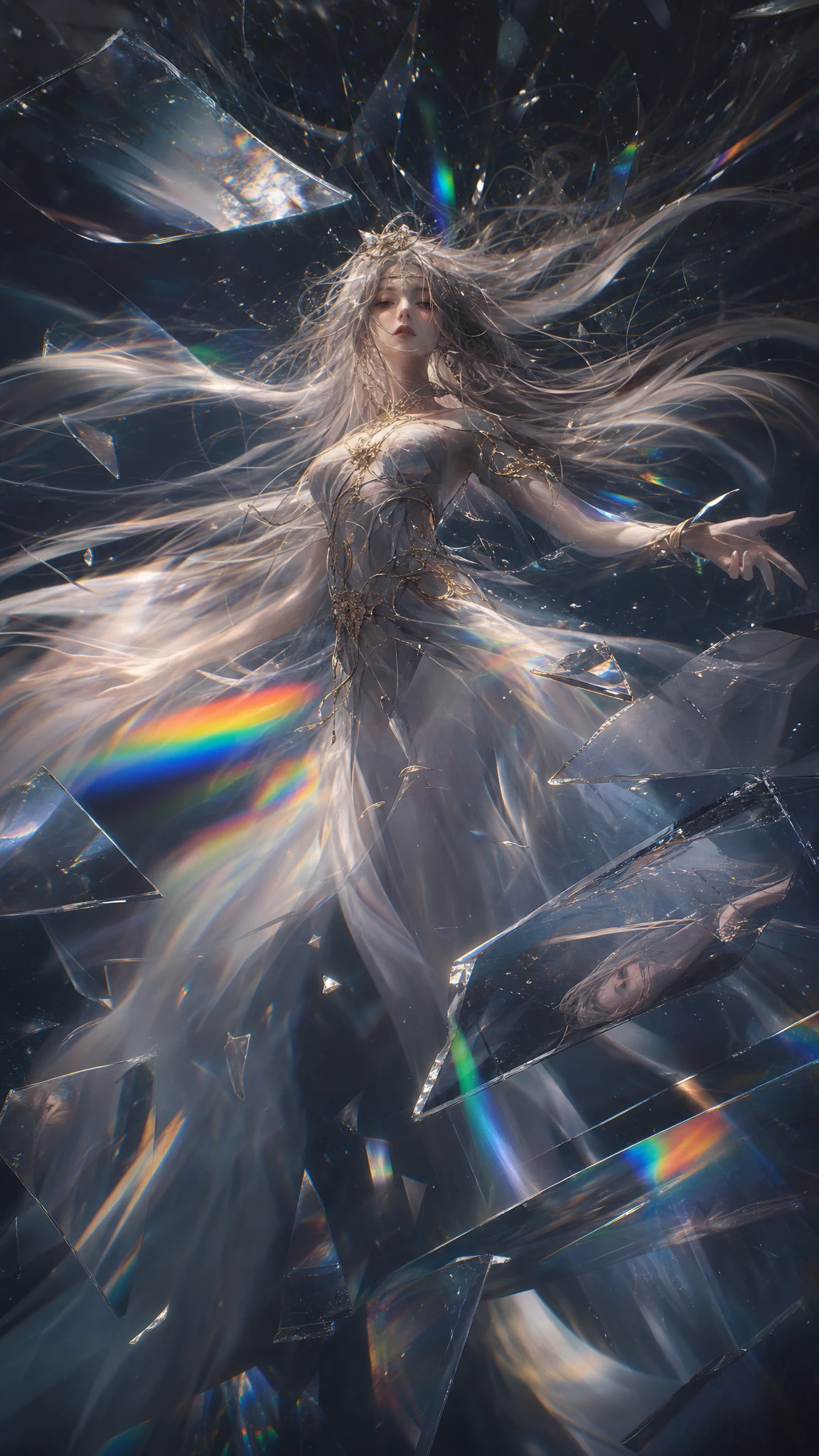 Ethereal woman amid swirling shards of shattered glass