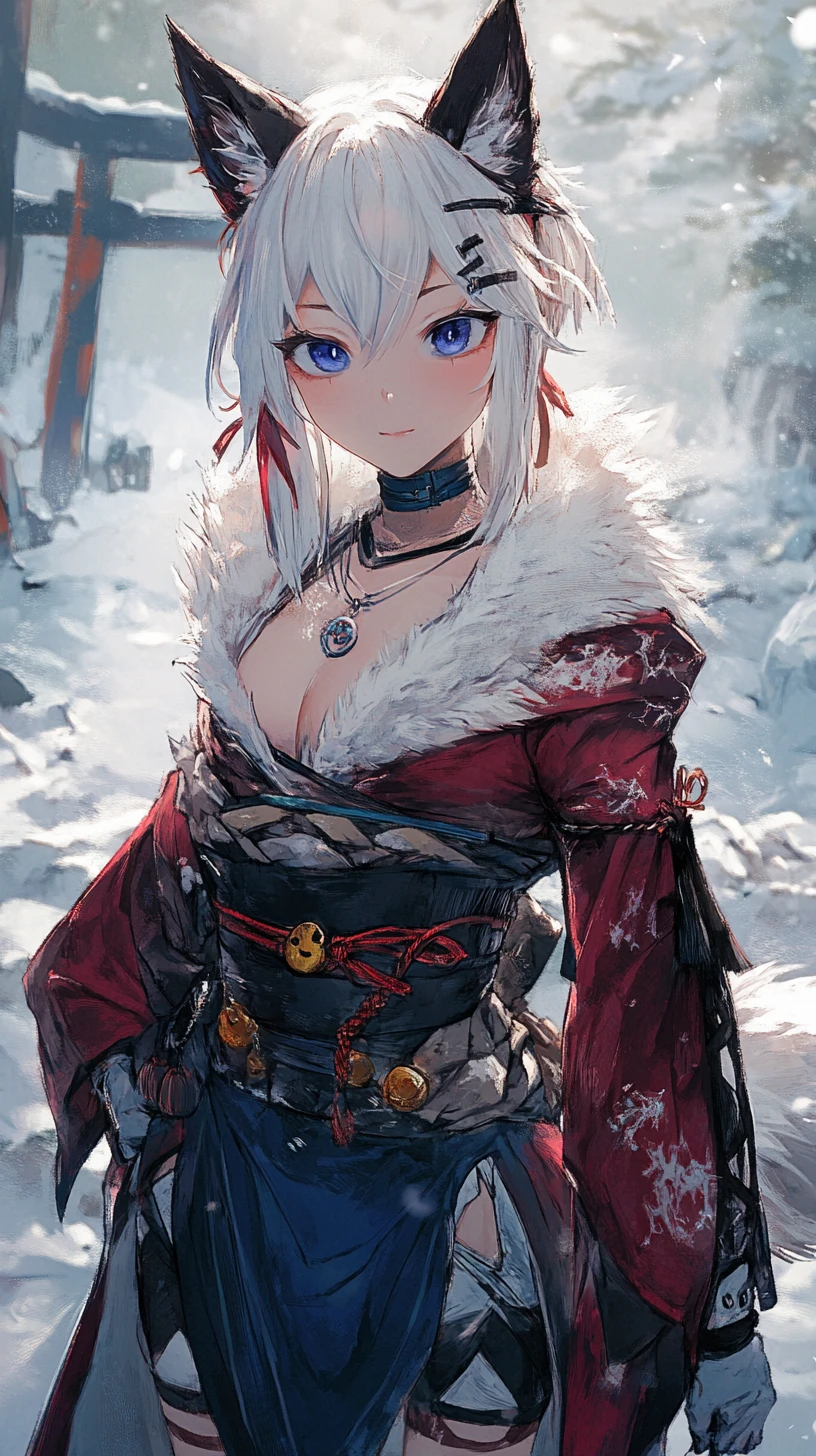 毛皮のマントをまとった氷のような青い瞳のアニメ少女戦士