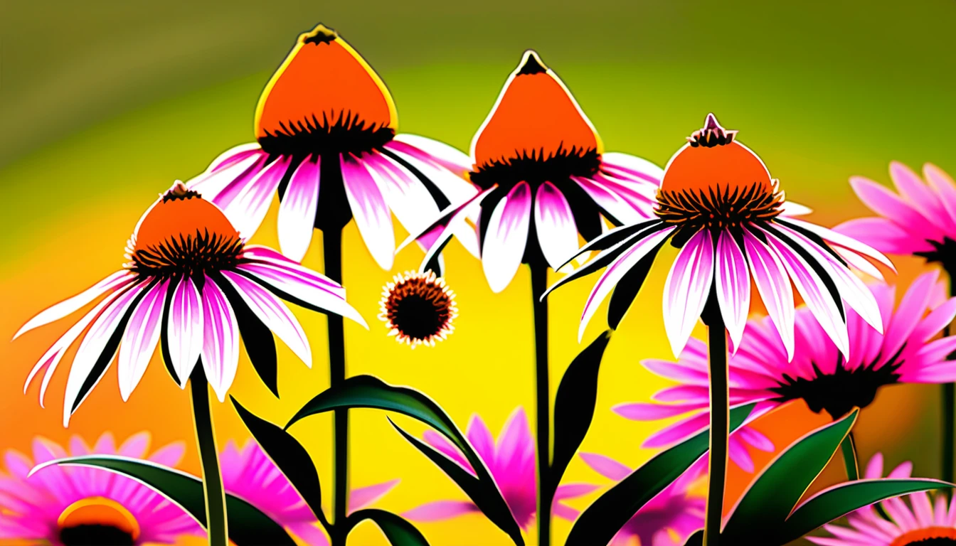 Flores de equinácea magenta sobre fundo abstrato oliva quente