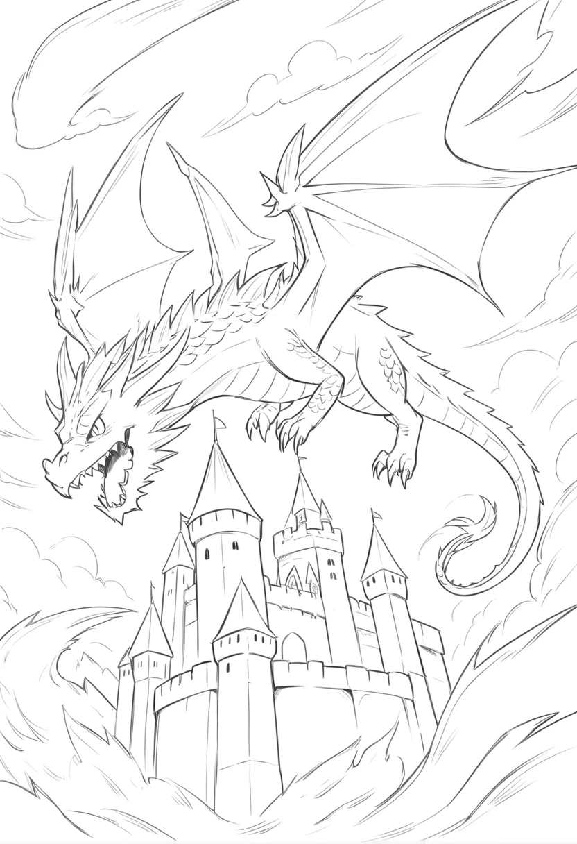 Dragon cracheur de feu au-dessus d’un château médiéval, style manga