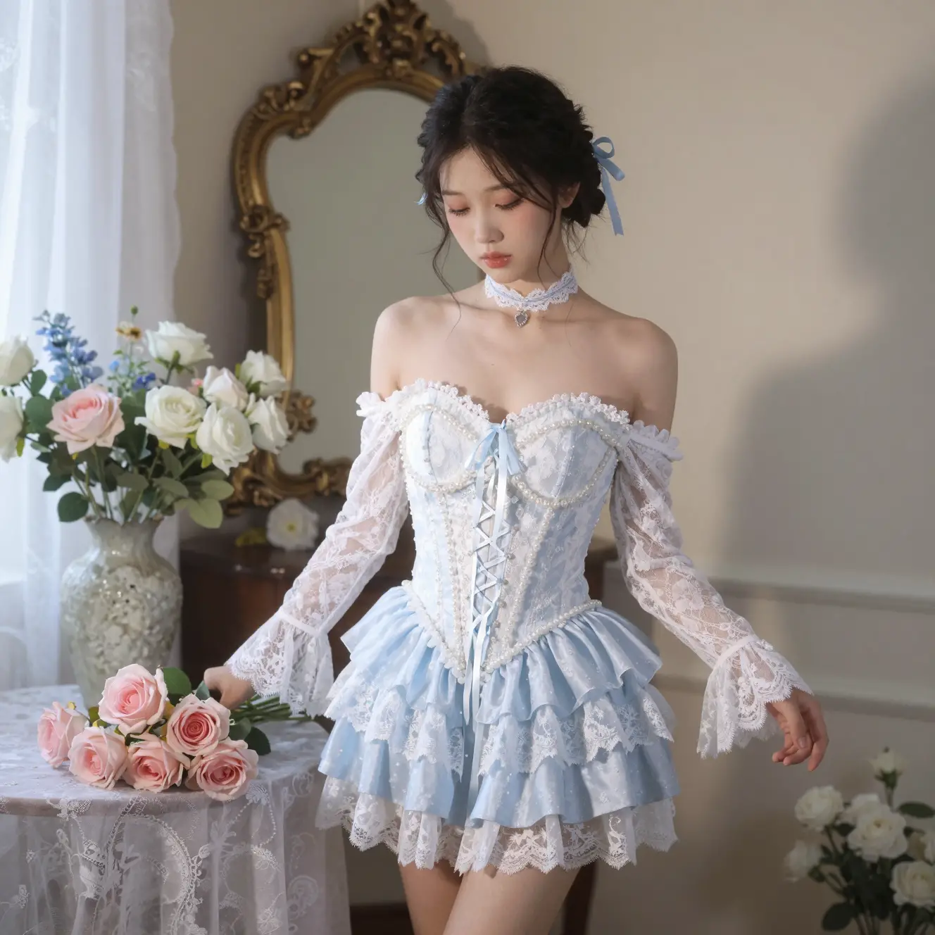 身穿藍色蕾絲洋裝、手捧玫瑰的憂鬱少女