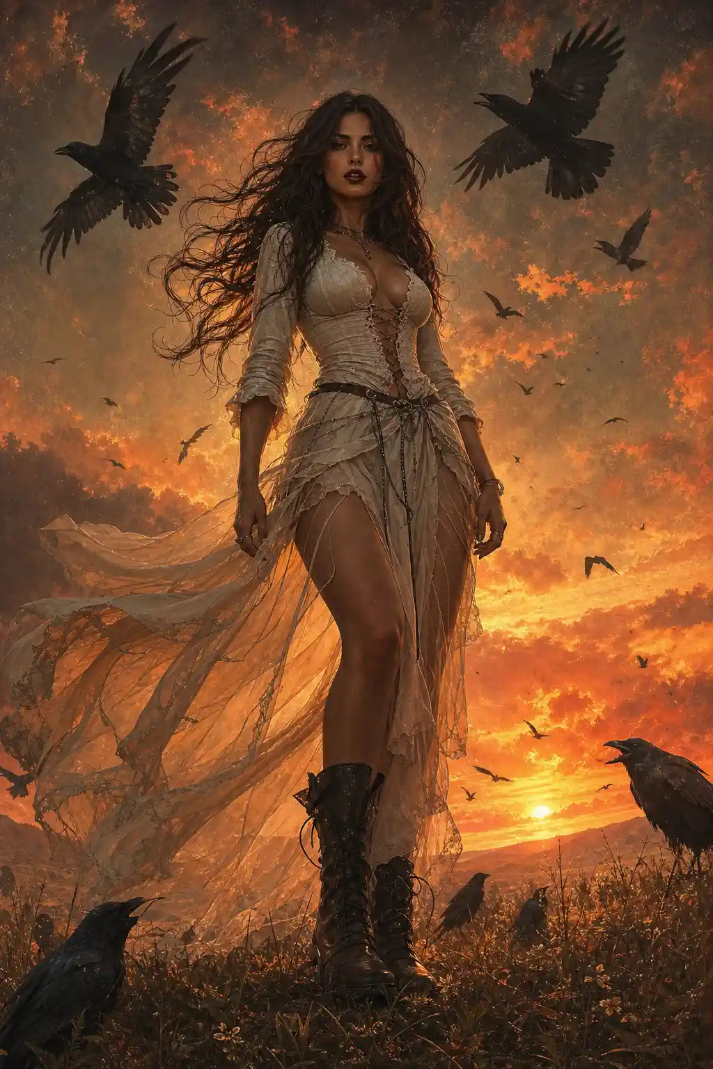 Full length digital painting of a woman in a field