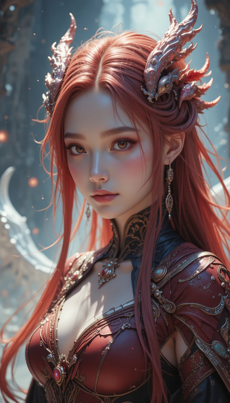 Athletic dragon horned anime woman in regal red armor