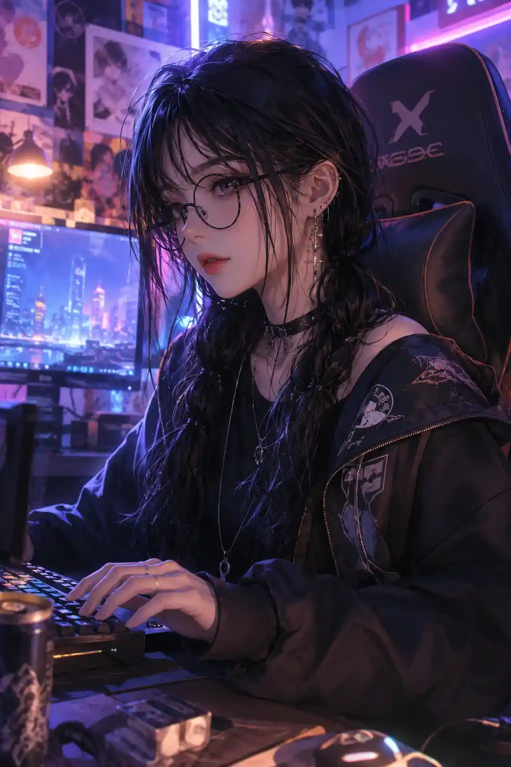 配戴龐克風眼鏡的電玩女孩柔和數位肖像