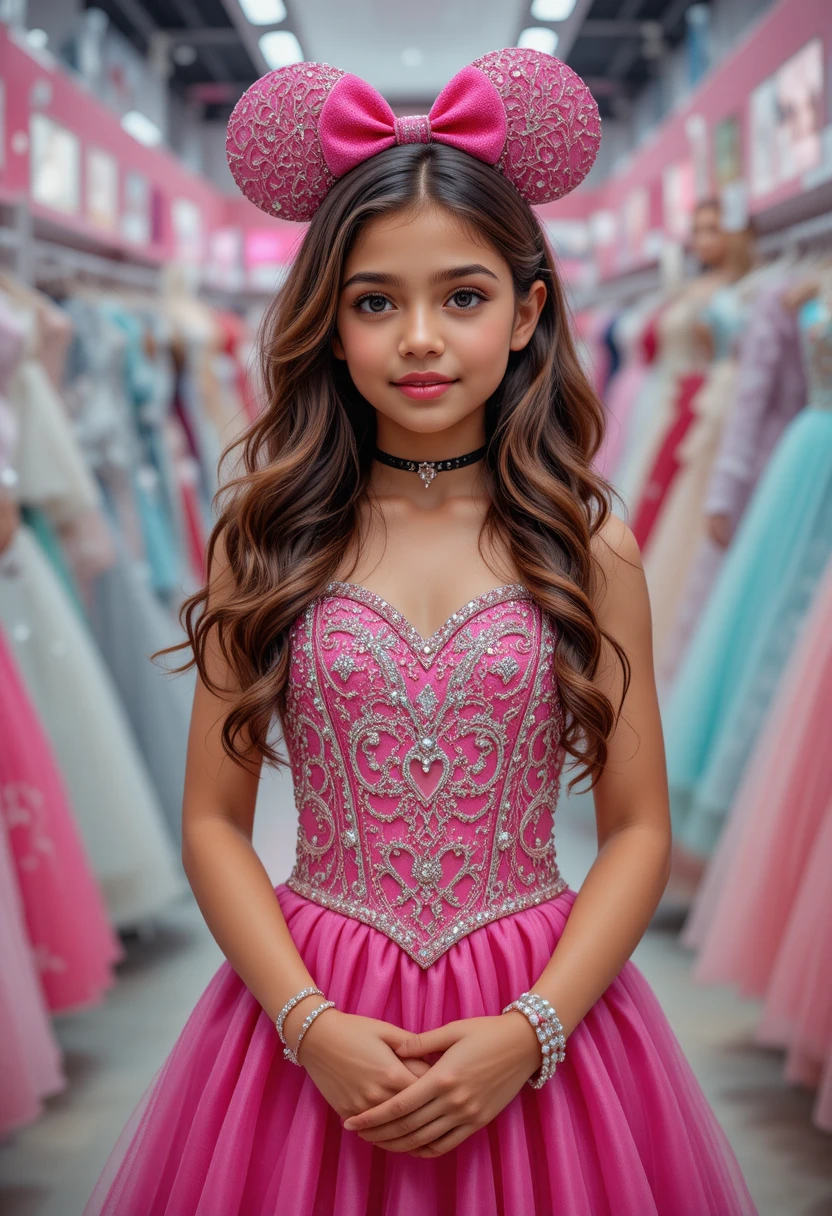 Menina jovem com vestido rosa da Minnie em boutique de vestidos