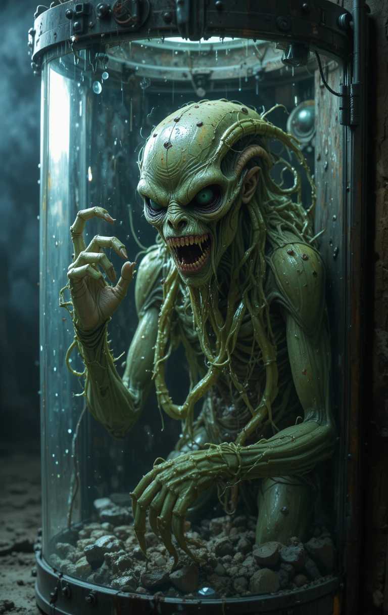 Créature alien qui griffe la barrière vitrée d’une cellule de prison