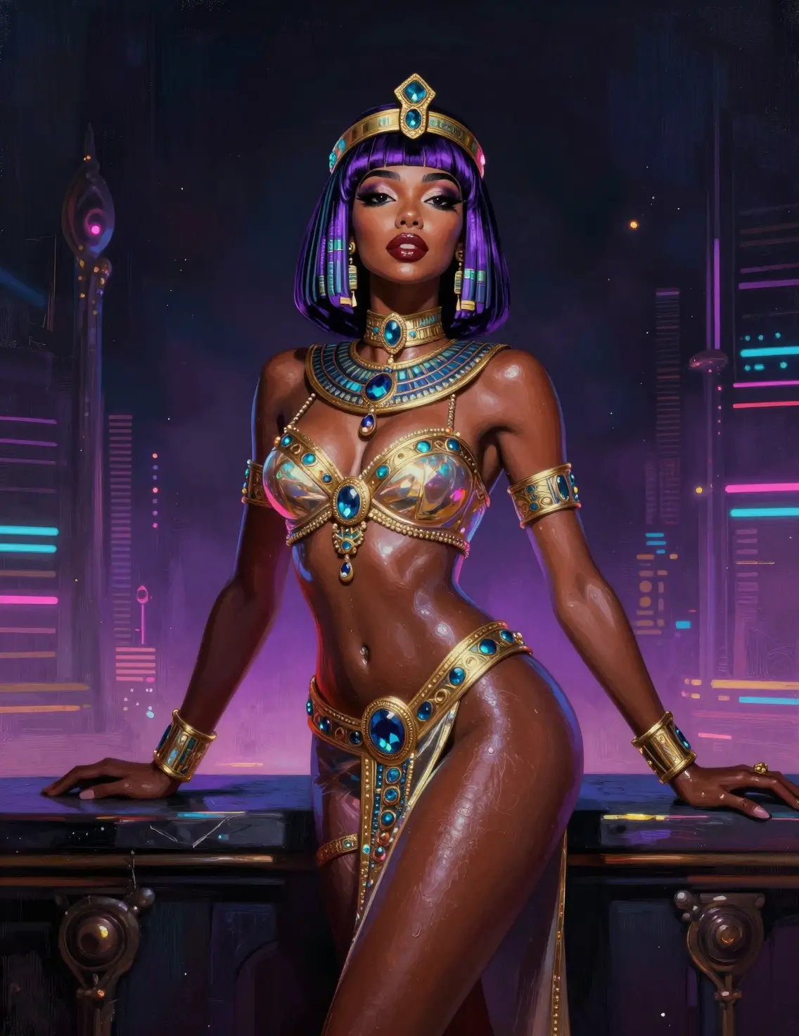 Reine égyptienne aux cheveux lilas en pose haute couture néon