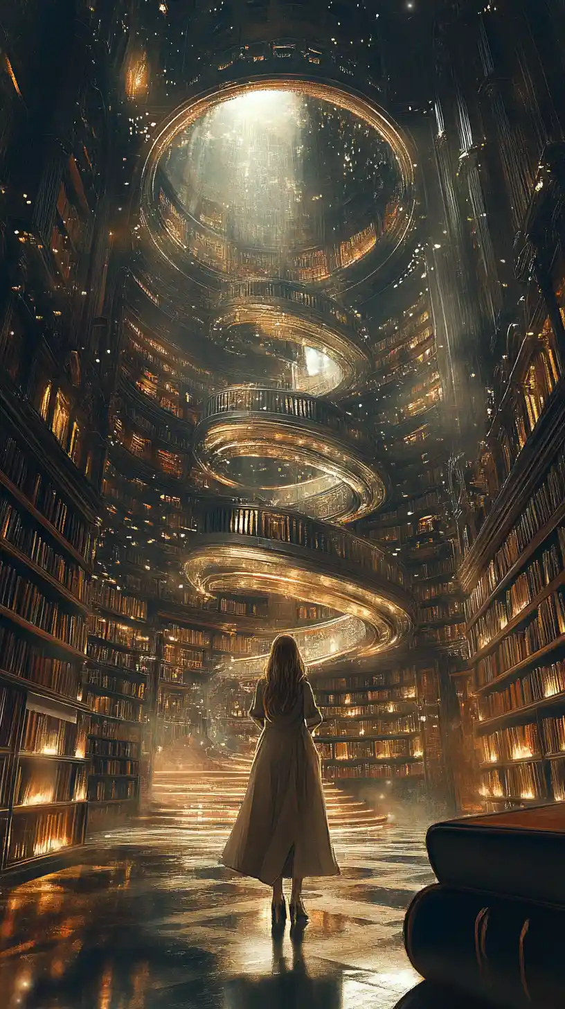 Mulher em vórtice de biblioteca em colapso com reflexos luminosos nos óculos