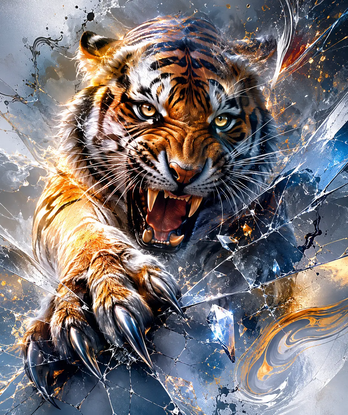 Tigre ruggente in primo piano con effetti metallici luminosi