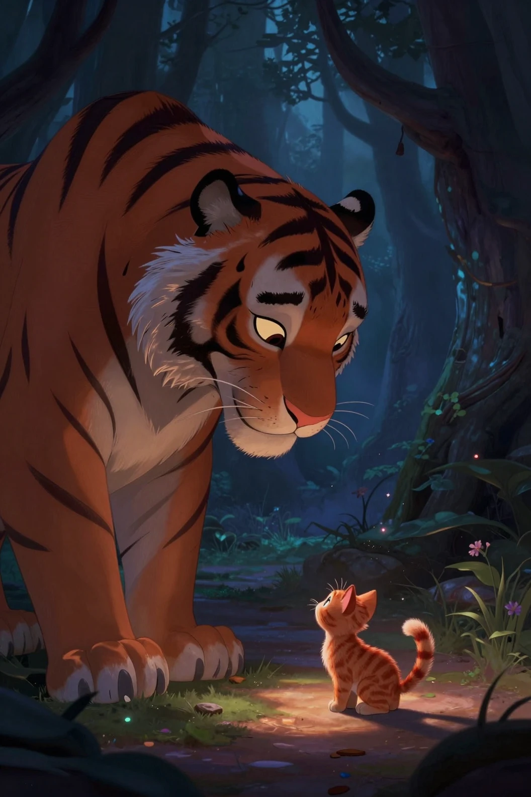 Tigre Observant Un Chaton Courageux Dans Une Clairière De Forêt Enchantée