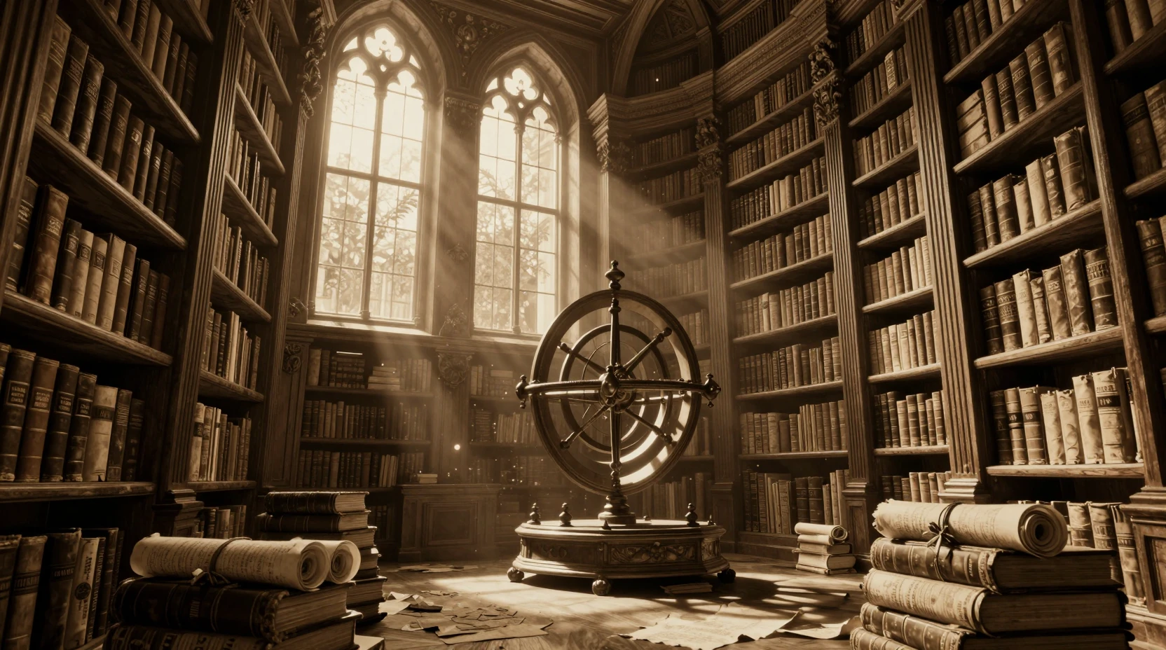 Biblioteca antica infinita in una calda luce seppia