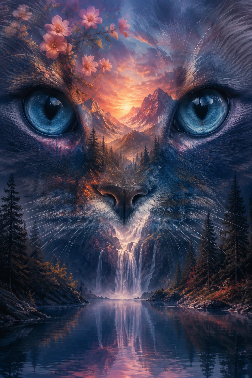 Portrait de chat en double exposition avec scène de coucher de soleil sur la montagne